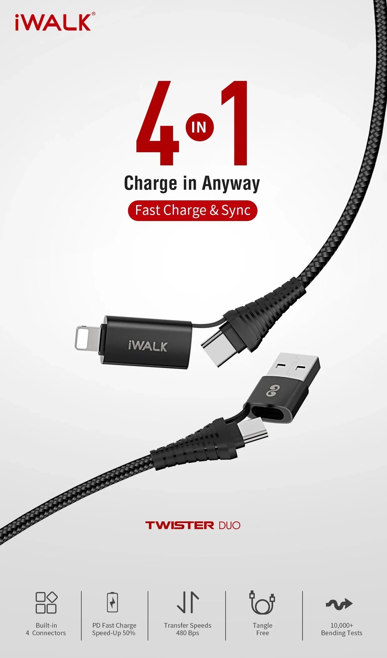 iWalk 60W 4in1 Twister Duo Cable 1M Cable - Black - Tashqila iWalk 60W 4in1 Twister Duo Cable 1M Cable - Black - Tashqila